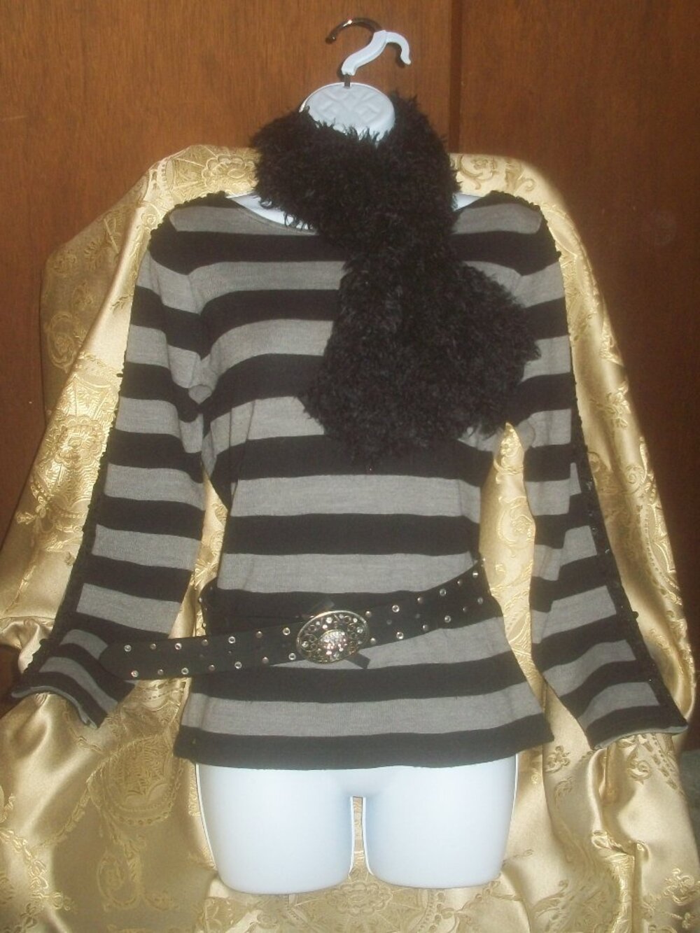 womens striped sweater. black sequin trim size small